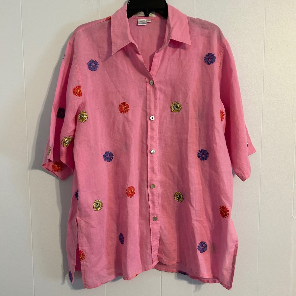 Casey Coleman Pink 100% Linen Embroidered Daisy Button Up Shirt Womens Large